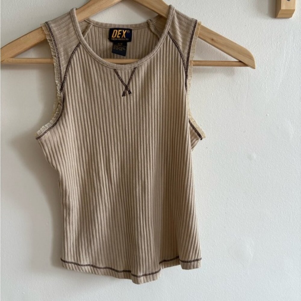 Y2K Dex Ribbed Cami – Beige, Cropped, Grunge Stitching, Size S
